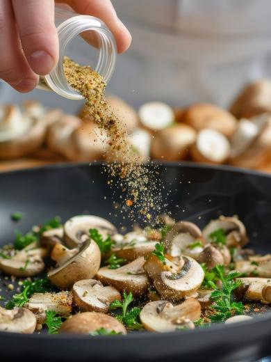 Photo_La main d'une personne qui verse un assaisonnement d'un contenant claire sur des champignons dans une poêle noire. 2 AdobeStock_958204570